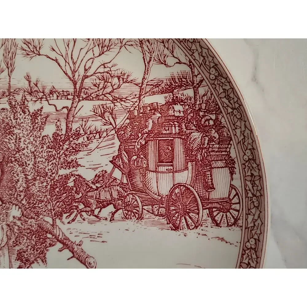 Spode Red White Victorian Christmas Plate #1 Gathering the Tree 8.25